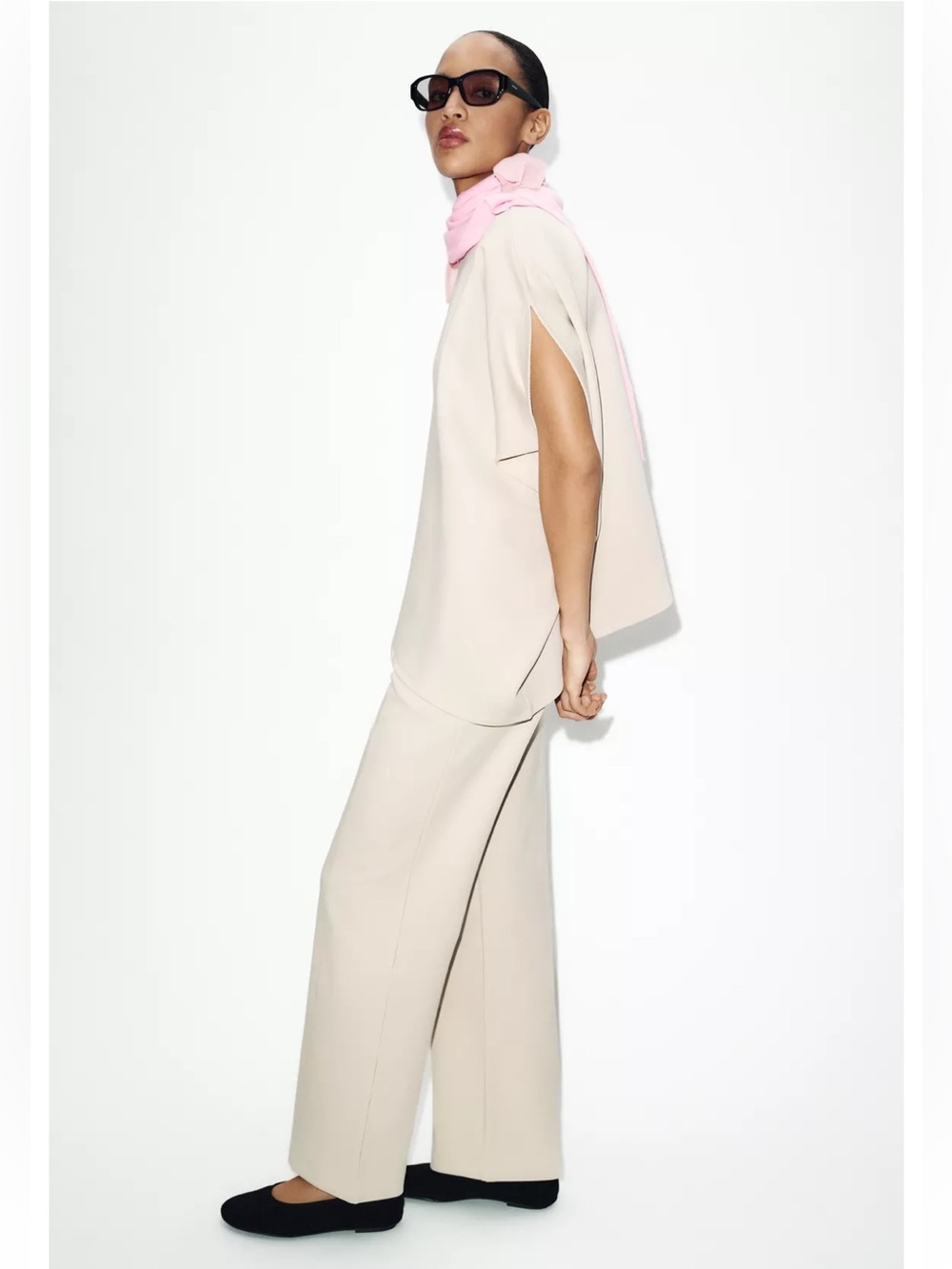 Zara Matching Lounge Set Beige Top & Wide Leg Pants Size M